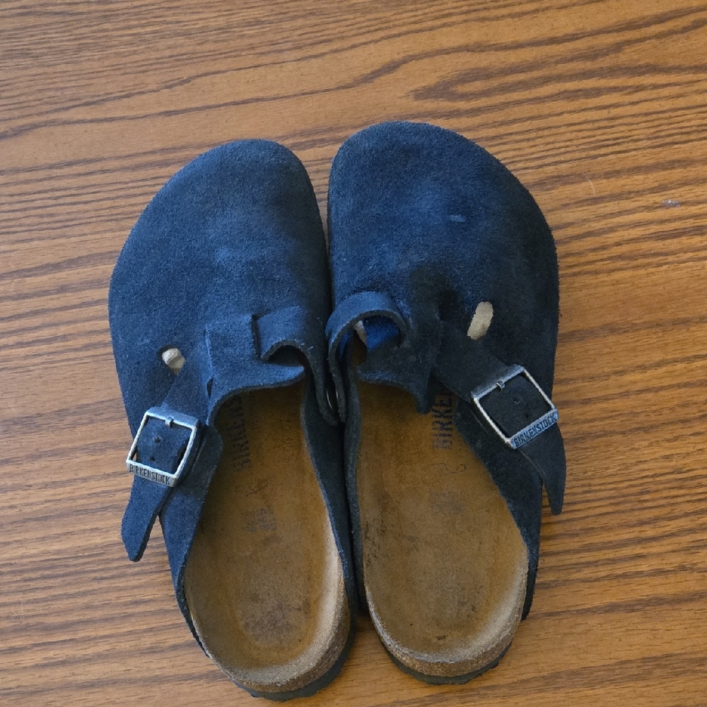 Birkenstock Blue Suede Soft Footbed Clogs